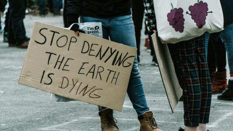 Demonstration, mand står med et skilt i hånden med teksten "Stop denying the world is dying"